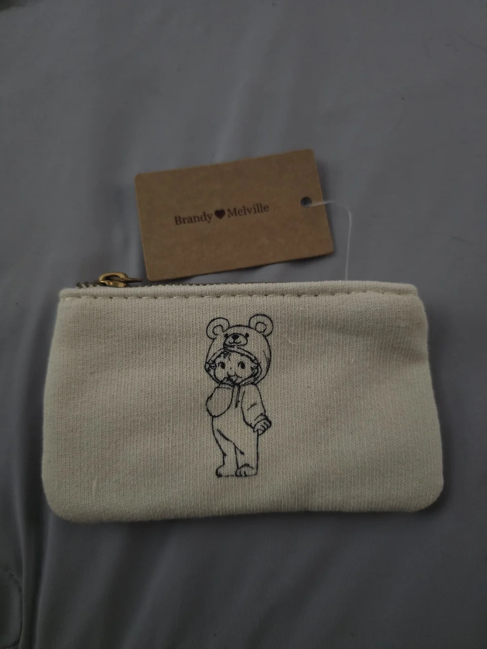 Brandy Melville Cream Zip Pouch with Bear Character